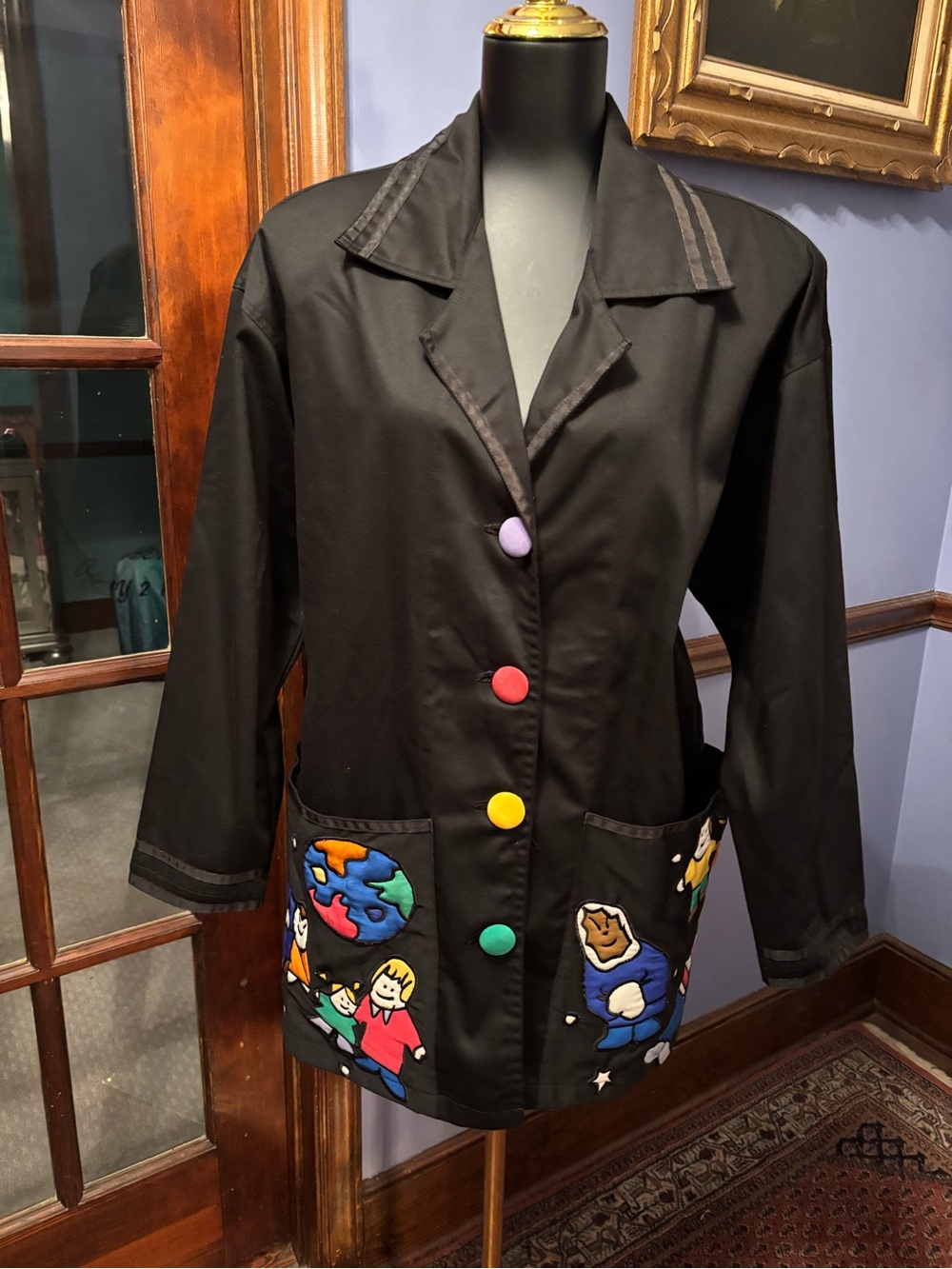 Black Women's Novelty Button-Front Blazer with Colorful Appliqués